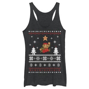 Women's Nintendo Mario Ugly Christmas Sweater Racerback Tank Top - 1 of 4