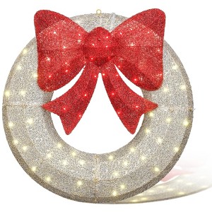 Hooseng Pre-Lit Christmas Lighted Wreath Display Decor, 35" Xmas Wreath with Bow and 90 LED Lights, Holiday Festival Vacation Decoration - 1 of 4