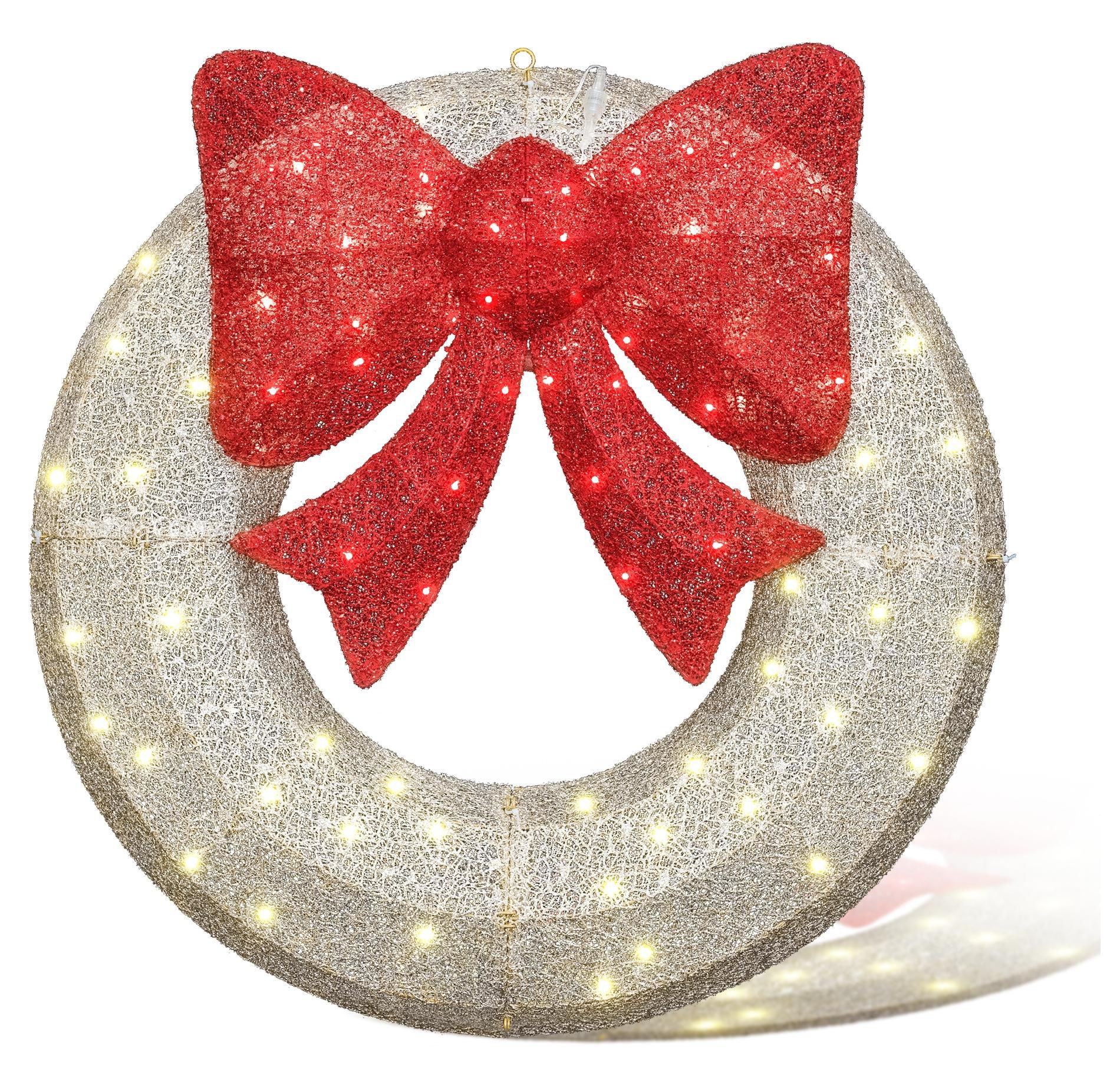 Hooseng Pre-Lit Christmas Lighted Wreath Display Decor, 35" Xmas Wreath with Bow and 90 LED Lights, Holiday Festival Vacation Decoration