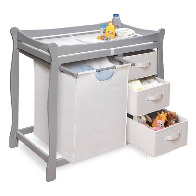 sleigh style baby changing table with 6 storage baskets and pad