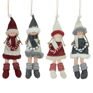 Northlight 4ct Red and Gray Girls with Scarves Christmas Doll Ornaments 12" - 1 of 4