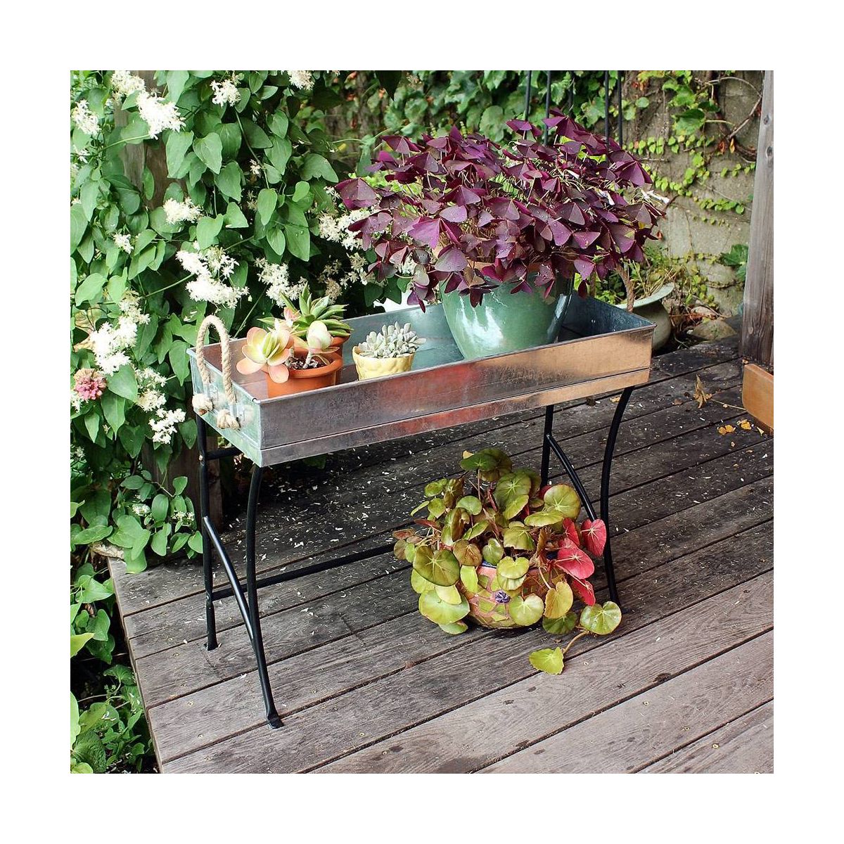 22" Stylish Trestle Indoor Outdoor Steel and Iron Plant Stand Black Powder Coat Finish - Achla Designs: Galvanized Tray, No Assembly Required - thumbnail 3