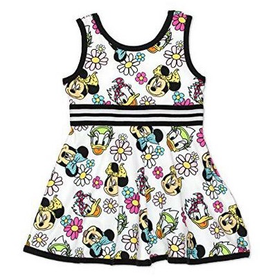 Disney Toddler Girls Fit and Flare Ultra Soft Casual Sleeveless Dress with Minnie Mouse and Daisy Duck Print