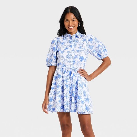 Женские платья A New Day Women's Balloon Short Sleeve Mini Shirtdress - A New Day™ Blue/White Toile XS