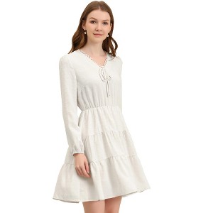 INSPIRE CHIC Women's Puff Sleeve V Neck A-Line Tiered Swiss Dots Dress - 1 of 4