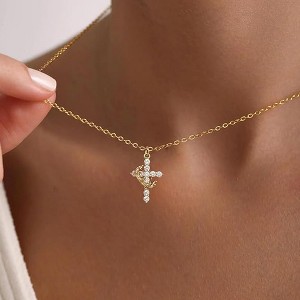 HTUTWOO  18K Gold Plated Crown Cross Pendant Necklace Diamond Cross Necklaces Faith Cross Jewelry First Communion Gifts - 1 of 4