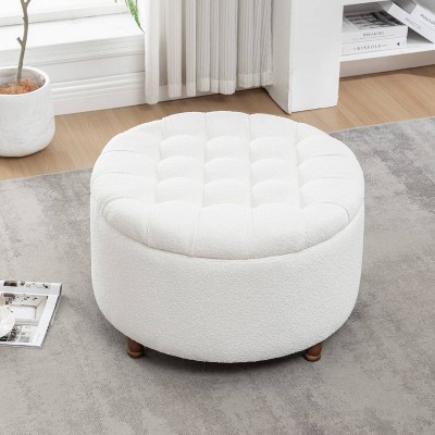Wovenbyrd Prescott 28" Large Round Pintucked Storage Ottoman with Lift off lid