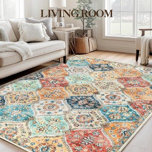 Vintage Area Rug 96"x120" Washable Floral Carpet, Non-Slip Low Pile Soft Oriental Accent Rug for Living Room Bedroom, Orange - 1 of 4