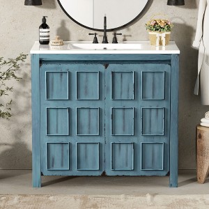 FAMYYT 36 in. Single Sink Freestanding Blue Bath Vanity with White Resin Top, Adjustable Shelves, Invisible Handle - 1 of 4