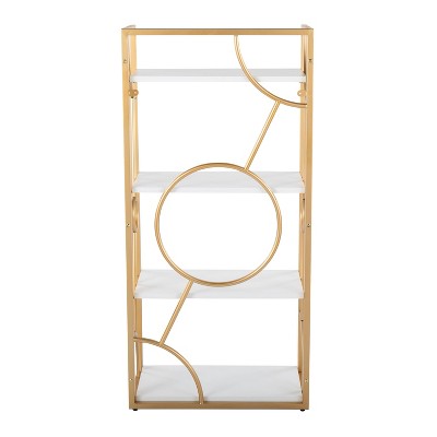 White Wood and Gold Metal Geometric 4-Tier Bookcase