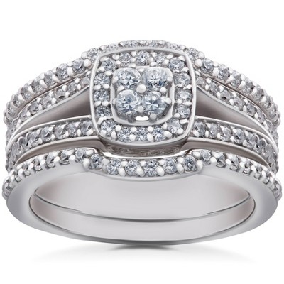 Pompeii3 1ct TDW Cushion Halo Diamond Trio Engagement Guard Wedding Ring Set Gold