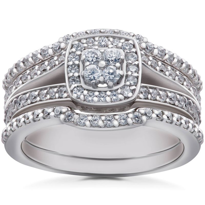 Pompeii3 1ct TDW Cushion Halo Diamond Trio Engagement Guard Wedding Ring Set Gold, 1 of 6