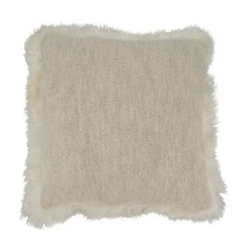 Saro Lifestyle Wildly Cozy Llama Fur Poly Filled Throw Pillow with Lamb Fur Border, Off-White