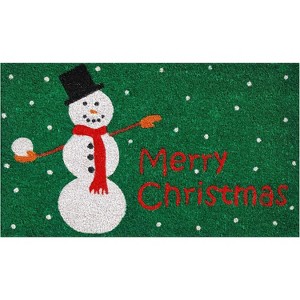 HomeRoots 17" X 29" Green White And Red Christmas Snowman Merry Christmas Outdoor Coir Door Mat - 1 of 4