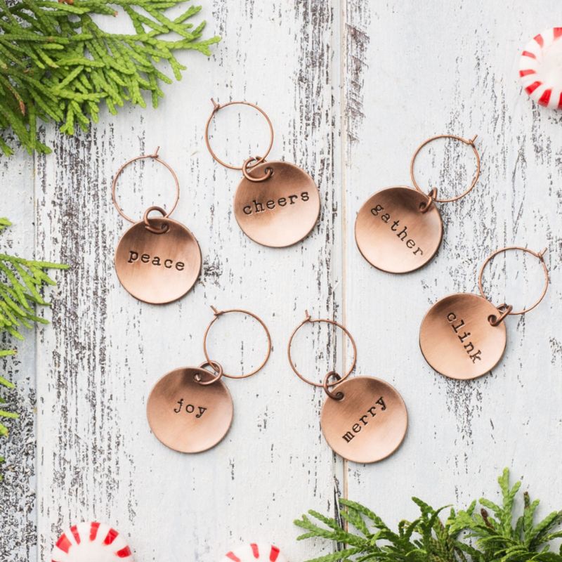 TWINE Brushed Copper Holiday Wine Charms for Glass Identification, Drink and Party Accessories, Zinc Alloy, set of 6, 2 of 5