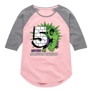 Girls' - Marvel - Hulk Incredible Birthday 5 Shirt Tail Raglan Graphic T-shirt - 1 of 4
