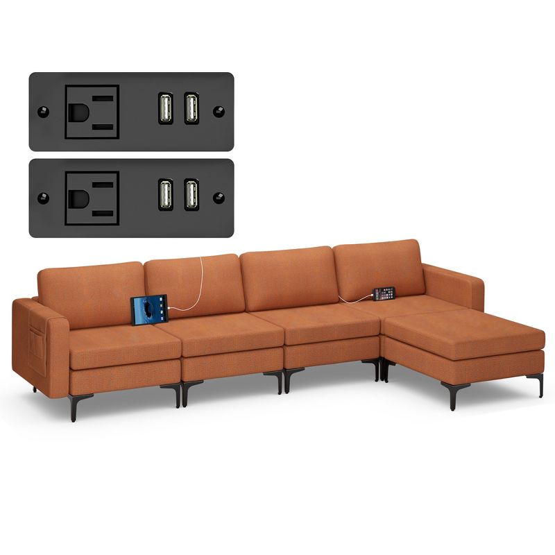 Costway Modular L-shaped Sectional Sofa w/ Reversible Chaise & 4 USB Ports Orange\Dark Grey, 1 of 11