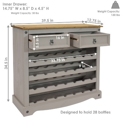 Gray Solid Pine 28-Bottle Wine Rack Cabinet with Drawers