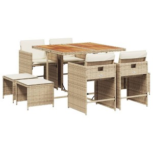 vidaXL Patio Dining Set with Cushions - 9 Piece - Beige Poly Rattan Garden/Outdoor Furniture - Space-Saving Foldable Chairs and Acacia Wood Tabletop - 1 of 4
