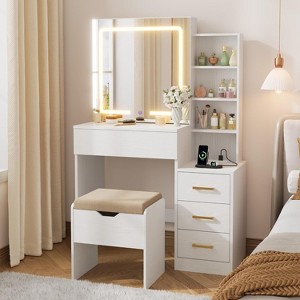 Makeup Vanity Desk with Mirror and Lights, Vanity Table with 3 Color Modes, Girls Vanity Set with Stool, Compact Vanity w/Drawers, Power Outlet - 1 of 4