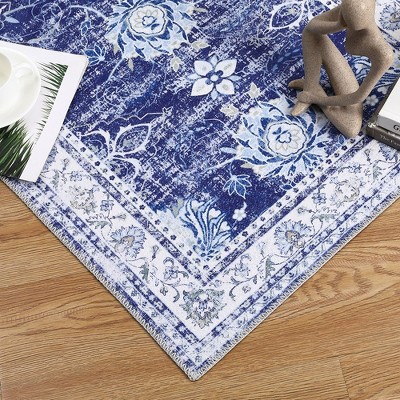 Navy Blue Floral Chenille 9' x 12' Washable Area Rug