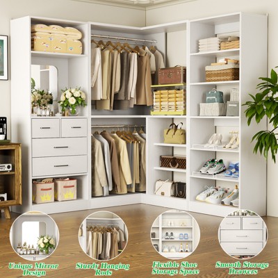 AheaplusCloset System with Mirror and Drawers, Wardrobe Organizer with Hanging Rods