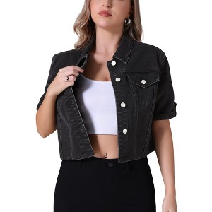 INSPIRE CHIC Women's Turndown Collar Short Sleeve Button Denim Jacket - 1 of 4