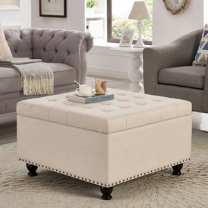 Syemin Ottomans and Benches Large Square Storage Ottoman with Wooden Legs, Upholstered Button Tufted Coffee Table, Entryway Bench, Beige, 30"*30"*18" - 1 of 4