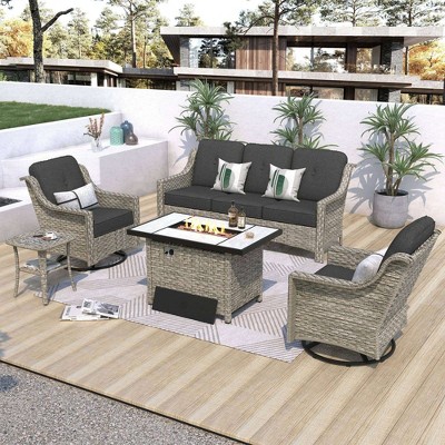 XIZZI 5 Pieces Furniture Set with Fire Pit Table, All Weather Rattan Furniture Set with Swivel Rocking Chairs and 3-Seat Sofa, Conversation Set