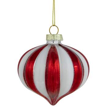 Northlight 4ct Red and White Glittered Candy Cane Onion Glass Christmas Ornaments 3"