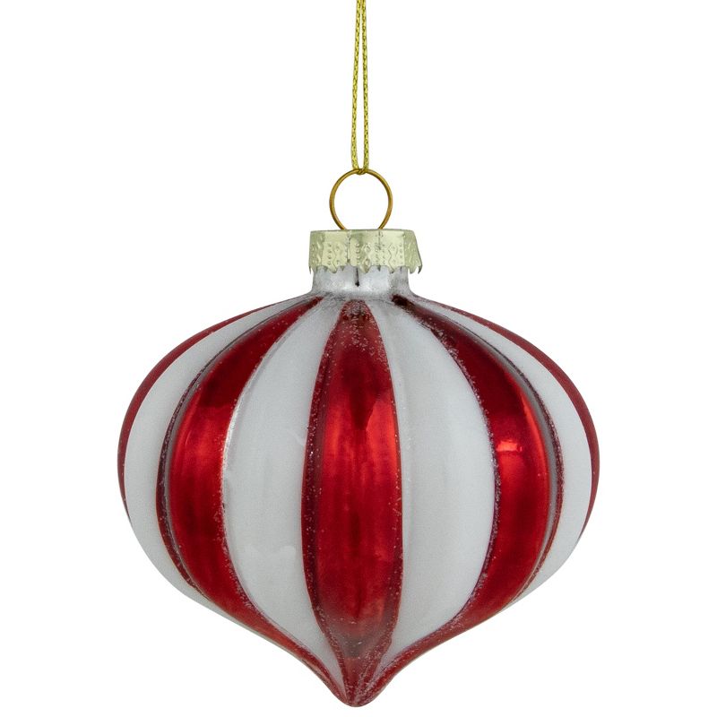 Northlight 4ct Red and White Glittered Candy Cane Onion Glass Christmas Ornaments 3", 1 of 6