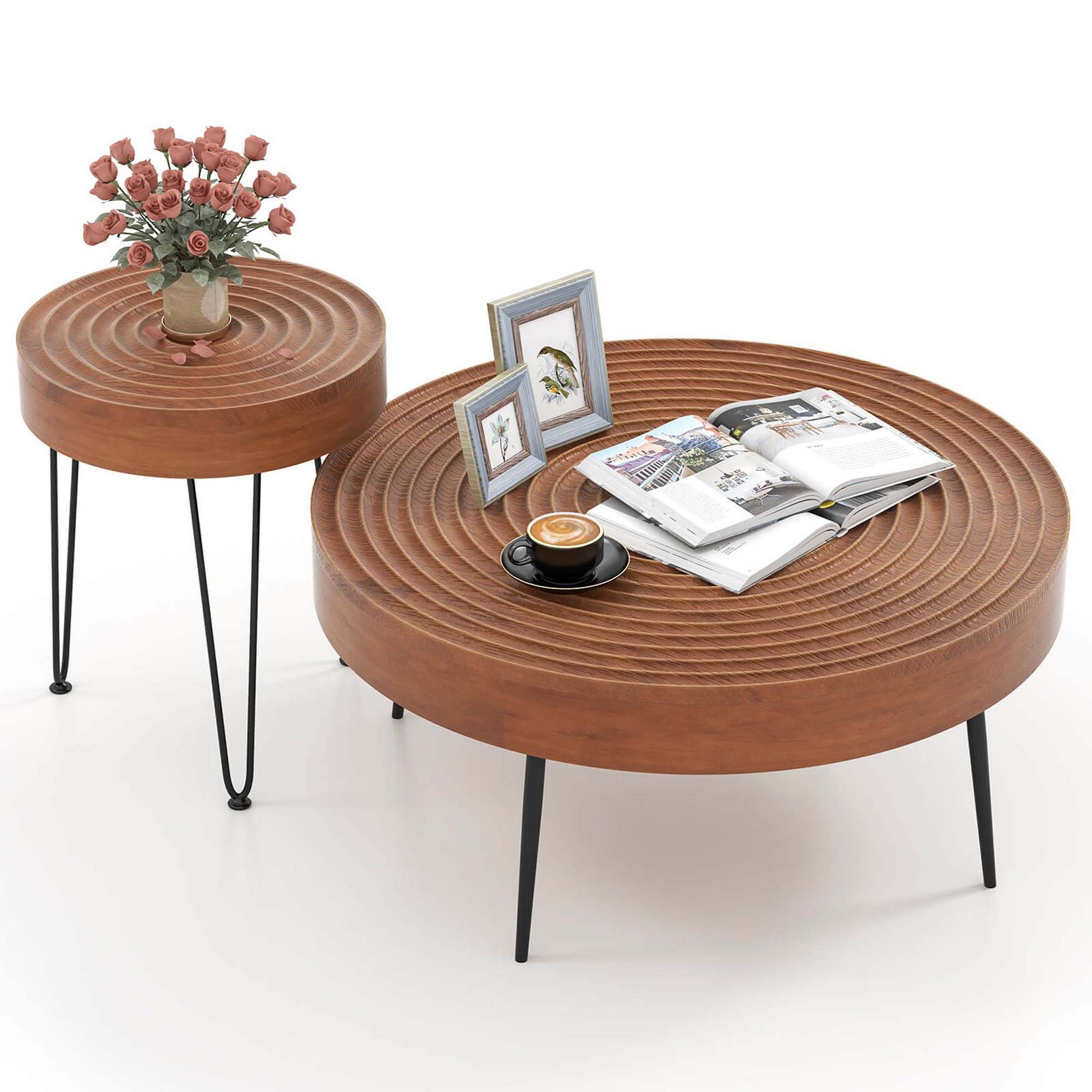 Costway Farmhouse Round CoffeeTable Set of 2 End Table Natural Finish for Living Room Brown