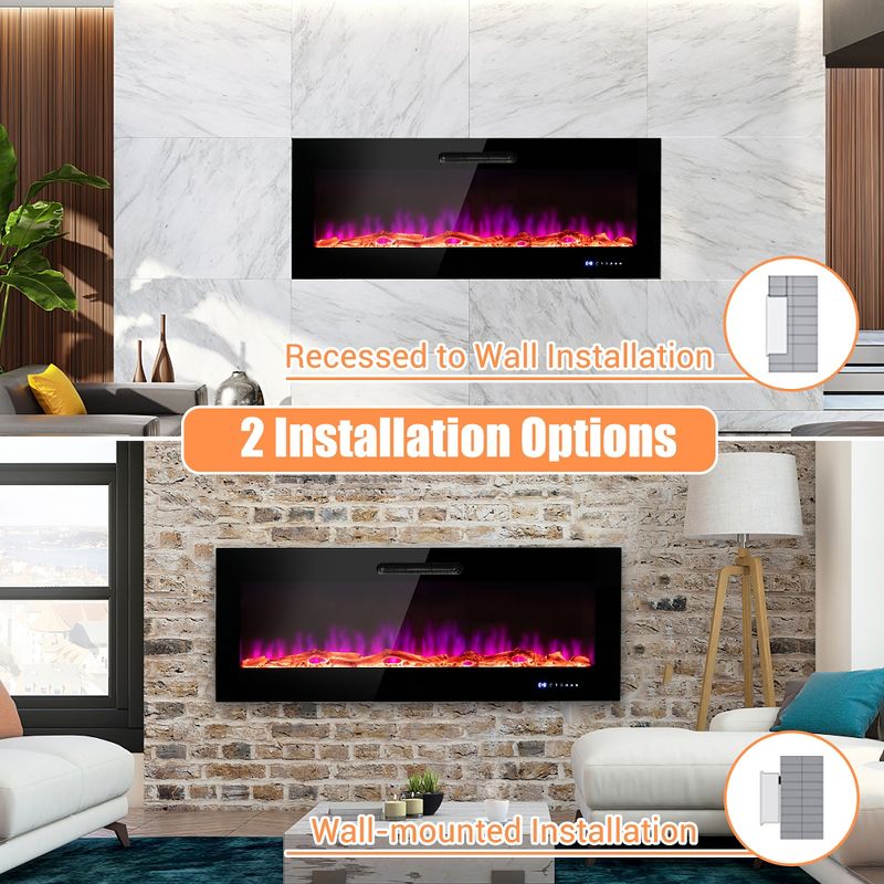 Costway 50''\60'' Electric Fireplace Recessed Wall Mounted Heater W/ Decorative Crystal & Log, 4 of 11