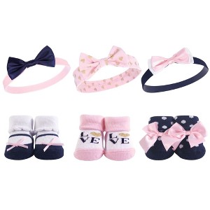 Hudson Baby Infant Girl Headband and Socks Giftset 6pc, Navy Love, One Size - 1 of 2