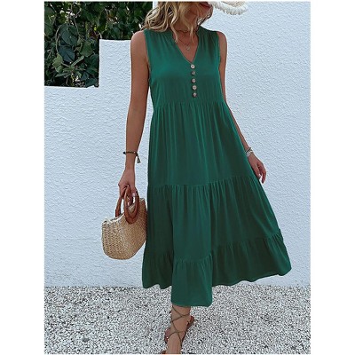 Women's Summer Sleeveless Button Down Cotton Tank Dress Loose A-Line Tiered Tunic Beach Dress