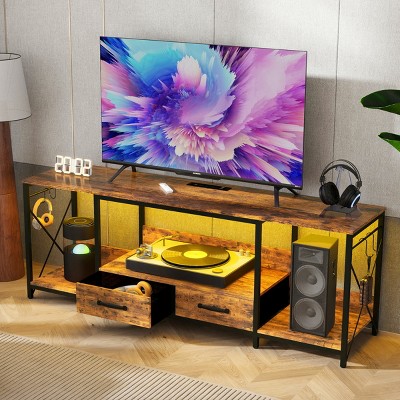 63" TV Stand for 75 Inch TV with LED Lights and Power Outlets,Modern Media Console with Fabric Drawers for Living Room-Baofuwish