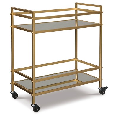 Signature Design by Ashley Kailman Bar Cart Gold Finish: Modern Mirrored Glass Beverage & Cocktail Cart with Locking Casters