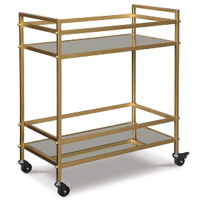 Signature Design by Ashley Kailman Bar Cart Gold Finish: Modern Mirrored Glass Beverage & Cocktail Cart with Locking Casters - 1 of 3