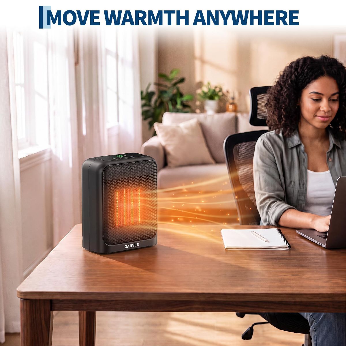 Ceramic Space Heater, 1500W Portable PTC Desk Heater, 3 Heating Levels & Fan Mode, Thermostat, Tip-Over Protection, Quiet for Office Bedroom - thumbnail 8