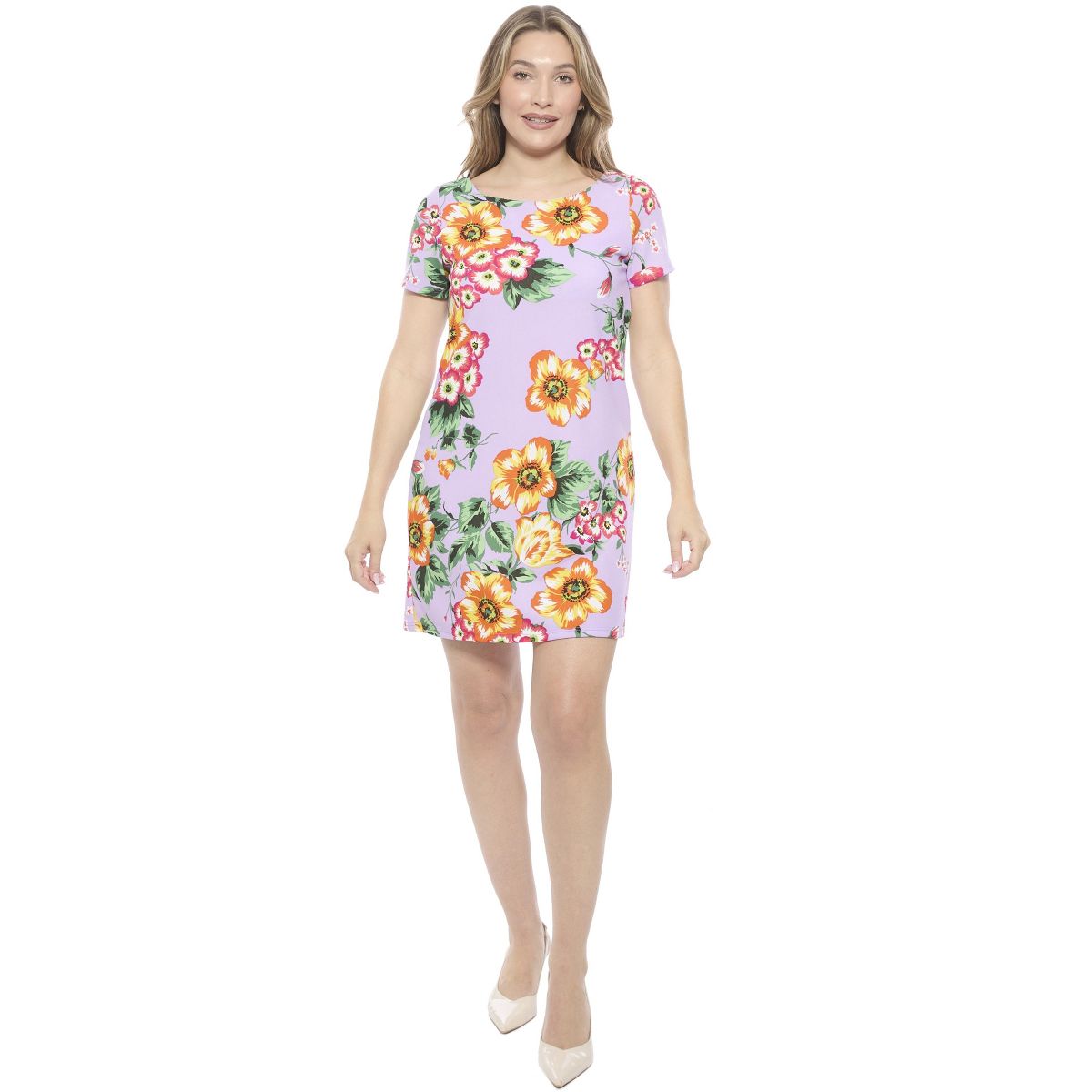 Womens FLoral Short Sleeve Round Neck Mini Shift Dress - 24seven Comfort Apparel™