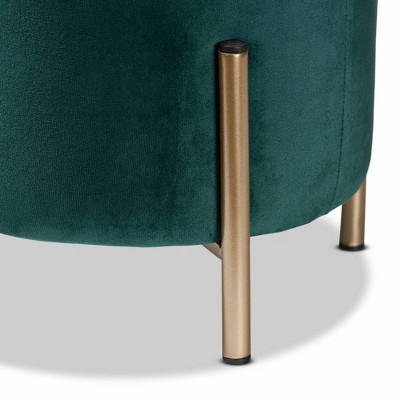 Thurman Luxe Green Velvet and Gold Metal Round Ottoman
