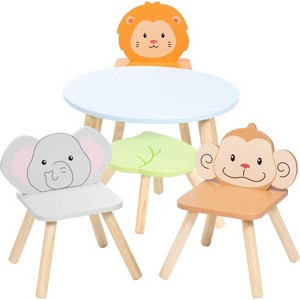 Kids Wooden Animal Table & Chair Set w 4 Seats - Monkey Lion & Elephant Plus Adult Stool for Arts Crafts, Dining, Pretend Play- Durable Playroom - 1 of 4