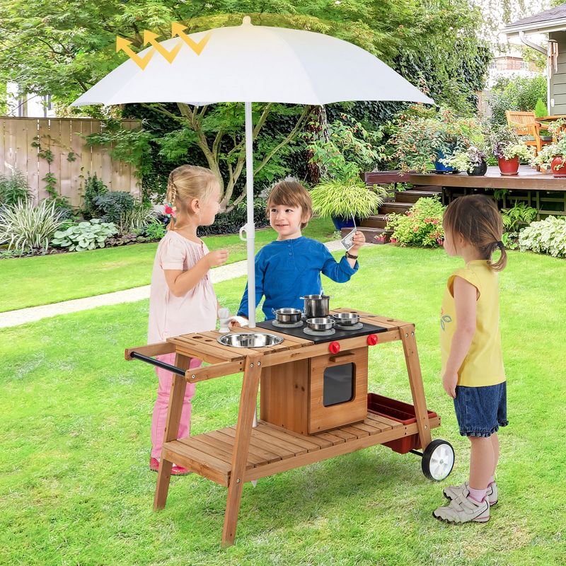 Costway Kid's Play Trolley Outdoor Wooden Kids Play Cart with Sun Umbrella  for Toddlers 3+ White\Blue, 2 of 11