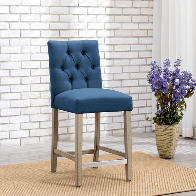 Blue Linen Tufted Bar Stool with Wood Legs, Set of 2