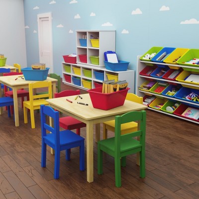 Natural Wood Kids Table with Multicolor Chairs Set
