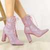 Allegra K Women's Glitter Lace-Up Pointed Toe Block Heel Ankle Boots - 2 of 4