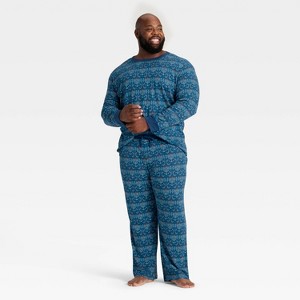 Men's Hanukkah Ribbed Long Sleeve Shirt and Pants Holiday Matching Family Pajama Set - Wondershop™ Blue - 1 of 4