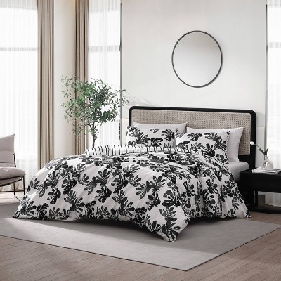 Black and White Floral Microfiber Full/Queen Duvet Cover Set