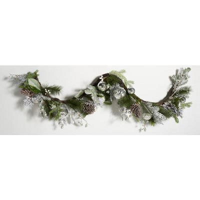 Faux Snowy Pine Garland with Silver Ornaments and LED Lights