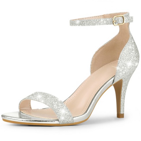 Perphy Women's Glitter Open Toe Ankle Buckle Strap Stiletto Heel ...
